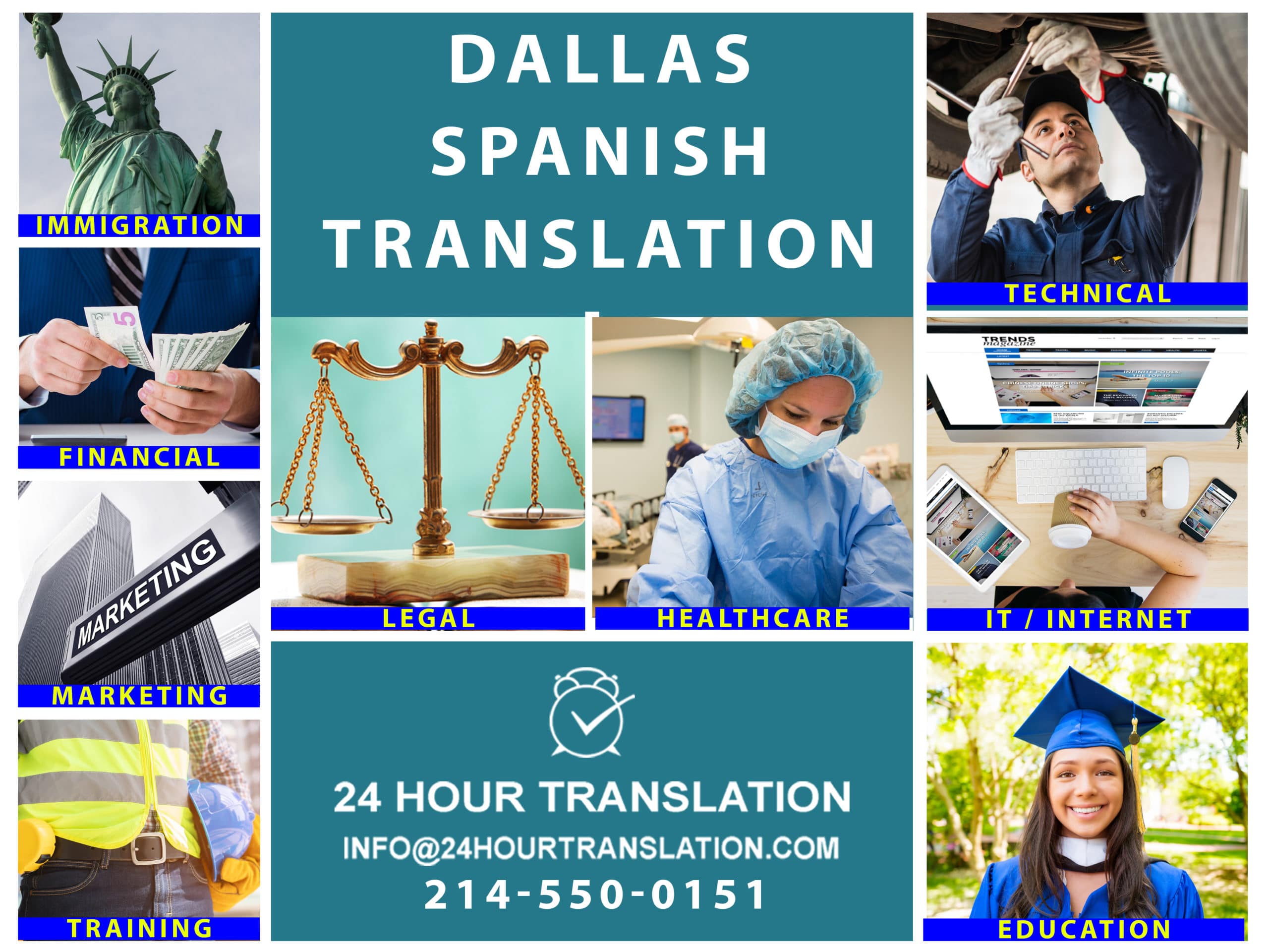 Do you need Spanish professional and certified translation services near Dallas?  Our Spanish translators deliver accurate and low-cost translations that communicate your message professionally and can be certified for USCIS, local and federal courts, and other official purposes.  Our Spanish translations can also be certified and notarized to meet medical and healthcare, financial and banking requirements, immigration, college admission and licensing requirements.  For professional translations, we have some of the most experienced and technically competent Spanish translators in Dallas.  Our Spanish document translation team consists of engineers, doctors, managers, and lawyers who are bilingual and passionate about providing high quality translations that are affordably priced and quickly delivered.  When you need to translate Spanish documents near Dallas, you can count on 24 Hour Translation. Our Dallas-Fort Worth office at 5025 Addison Circle, Addison, Texas, is ready to serve you.  For immigration, we translate birth certificates, marriage certificates, divorce decrees, driver’s licenses.  We also translate diplomas and transcripts for college and university admission.  Our financial translations are accepted by leading banks, government agencies and court systems.  We are also a trusted provider of medical document translation. Businesses trust us to translate training materials, technical guides, and employee handbooks. Call 214-550-0151 to receive a free proposal.
