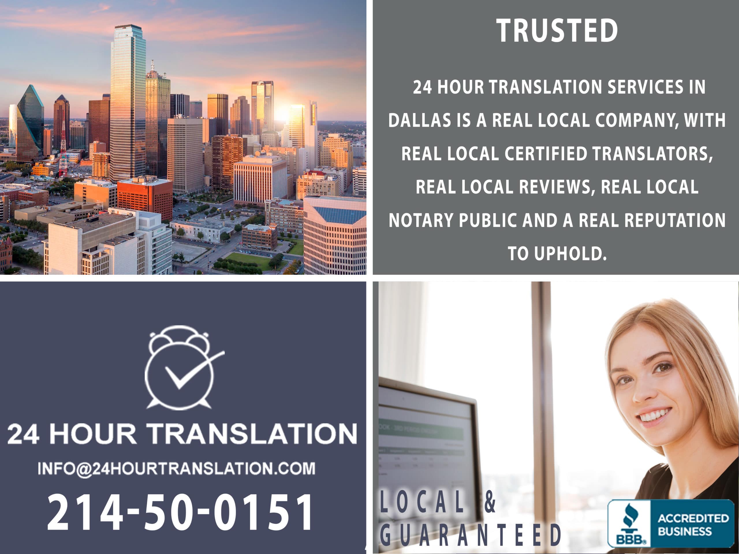 Shopping for translation services near Dallas can be stressful. By doing investigating and asking the right questions, you can get a low-price translation that is linguistically correct, looks professional, and meets legal translation requirements. Always hire a real, local Dallas translation services company. Our office address on Google and Yelp! is staffed! Located near Dallas North Tollway, you can schedule a meeting with our project manager or notary public. We can also quote low price translations on the spot.  Focus on finding a real local Dallas translations agency. Certified translators in Dallas offer better quality, lower prices and guarantees. They also offer quick solutions to meet your changing needs and are most likely to be honest and supply transparent pricing.     Once you have found a real local certified Dallas translation service, choose one that is experienced.   We have been in business for 16 years, have successfully translated tens of thousands of legal, medical, immigration, academic, technical, financial, and training documents.  When you need Spanish, Portuguese, French, Arabic, or any other language translated in Dallas, we have the linguistic talent to produce certified and notarized translations that are guaranteed.   Call 214-550-0151 to learn why we are the best choice to translate documents near Carrolton, Irving, Arlington, Plano, Richardson, Mesquite, Grand Prairie, Lewisville and Denton.