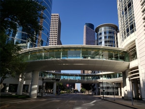 Chevron Building Pedestrian Walkway in Downtown Houston, a symbol of the city's bustling business environment