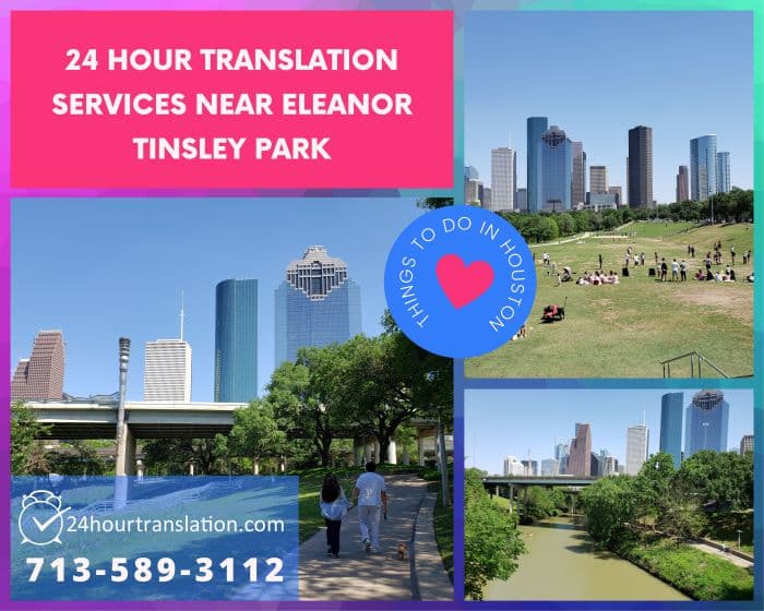 Eleanor Tinsley Park in Houston, Tx. and near Montrose Blvd., Buffalo Bayou Park, downtown business district, hospital district, and the energy corridor.