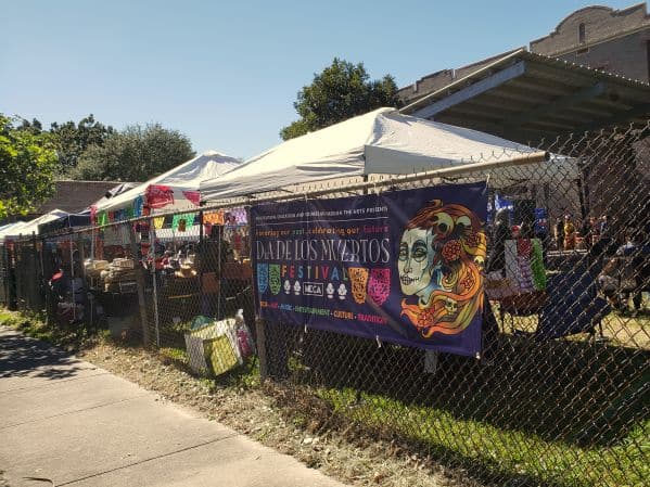 Day of the Dead ticketing, vendor and concession booths located outside of MECA's building at 1900 Kane Street, Houston, Texas. Día de los Muertos is Mexican celebration of loved ones who have died. It is among the largest holidays in Mexico and of Houston's Latin population.