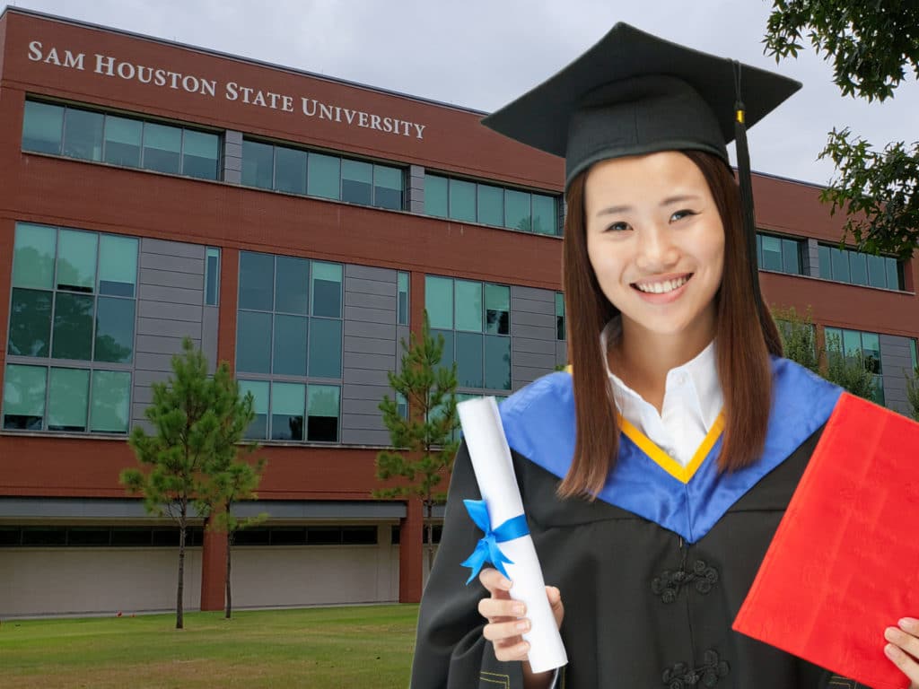 Chinese student with a diploma at Sam Houston State University.