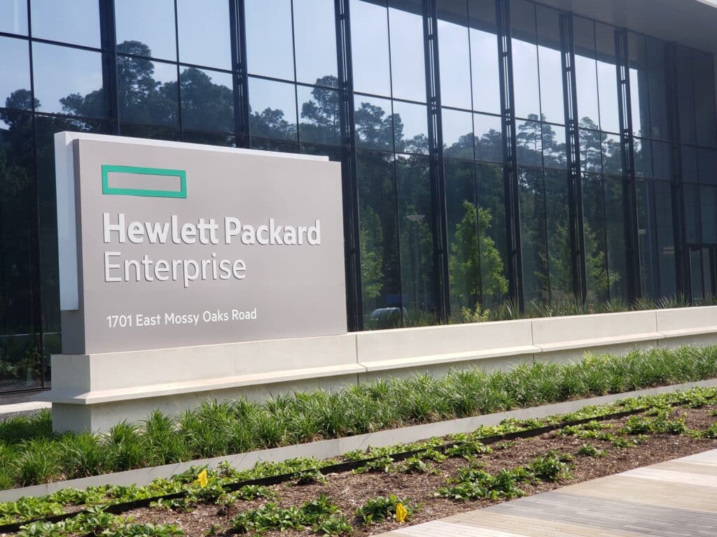 Signage in front of New Hewlett Packard Enterprises Campus