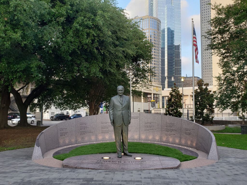 The Lyndon B. Johnson monument in Houston, TX, represents diversity in Houston. During the presidency of LBJ, several important pieces of legislation were passed that significantly impacted Houston and helped it become the fourth largest city in the United States. Visit the LBJ monument in downtown Houston to learn more.