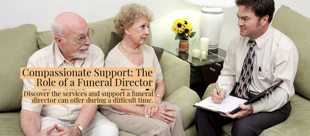A photo of a funeral director with a family discussing arrangements.
