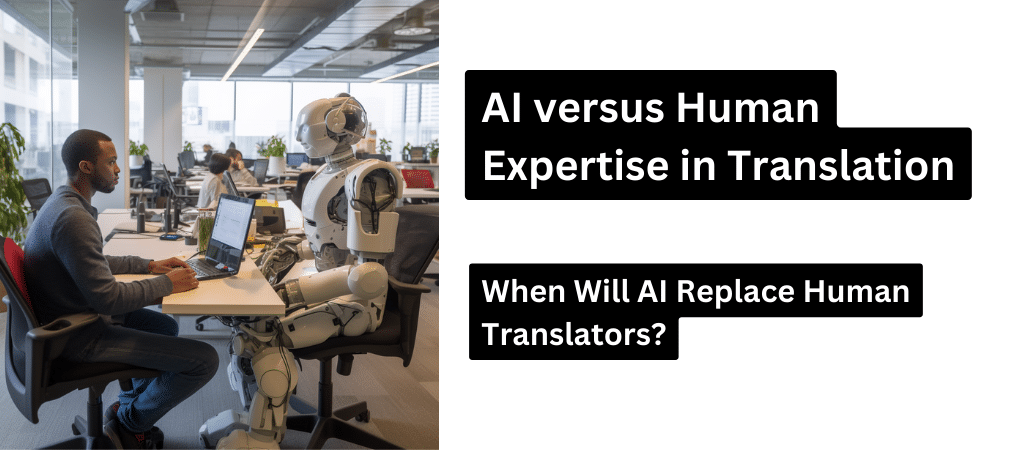 A robot, representing AI and a human language translator sitting at a table and translating documents.