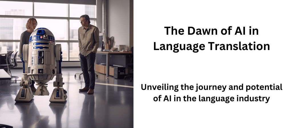 Robot translator confidently working, symbolizing AI's role in language translation, while two human translators, seemingly with nothing better to do, casually converse in the background, indicating a potential future shift in the translation industry.