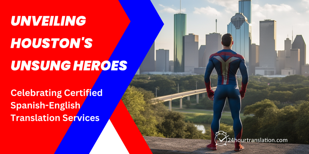 A superhero overlooking an expansive early morning view of Houston, Texas, highlighting the city's diverse cultural and architectural tapestry, and subtly emphasizing the role of certified Spanish-English translation services, the city's unsung heroes.