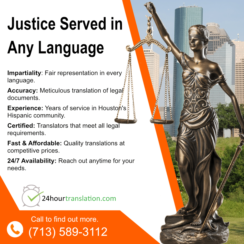 Lady Justice against Houston skyline symbolizing 24 Hour Translation Services' commitment to fair and impartial Spanish legal translation in Houston.