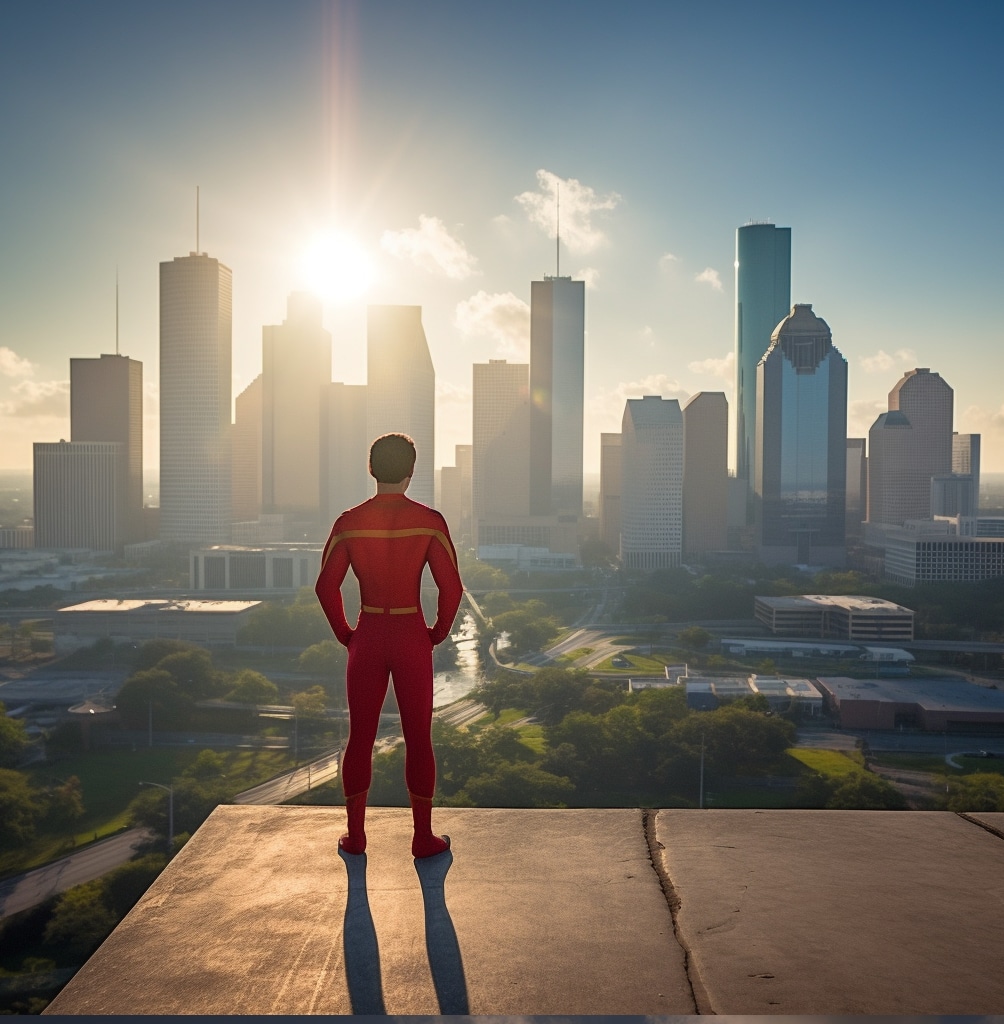 a superhero overlooking Houston and representing a spanish-english-translator