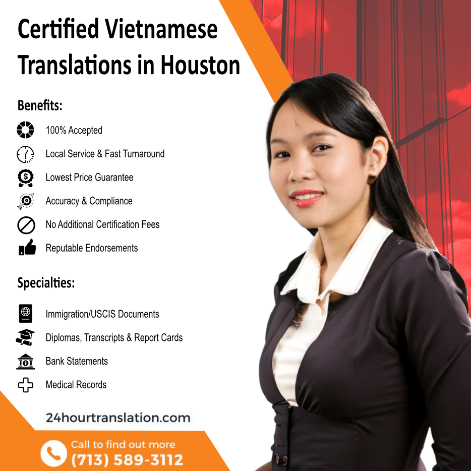 infographic featuring a certified Vietnamese translator the benefits of using 24 Hour Translation Services and our specialties.