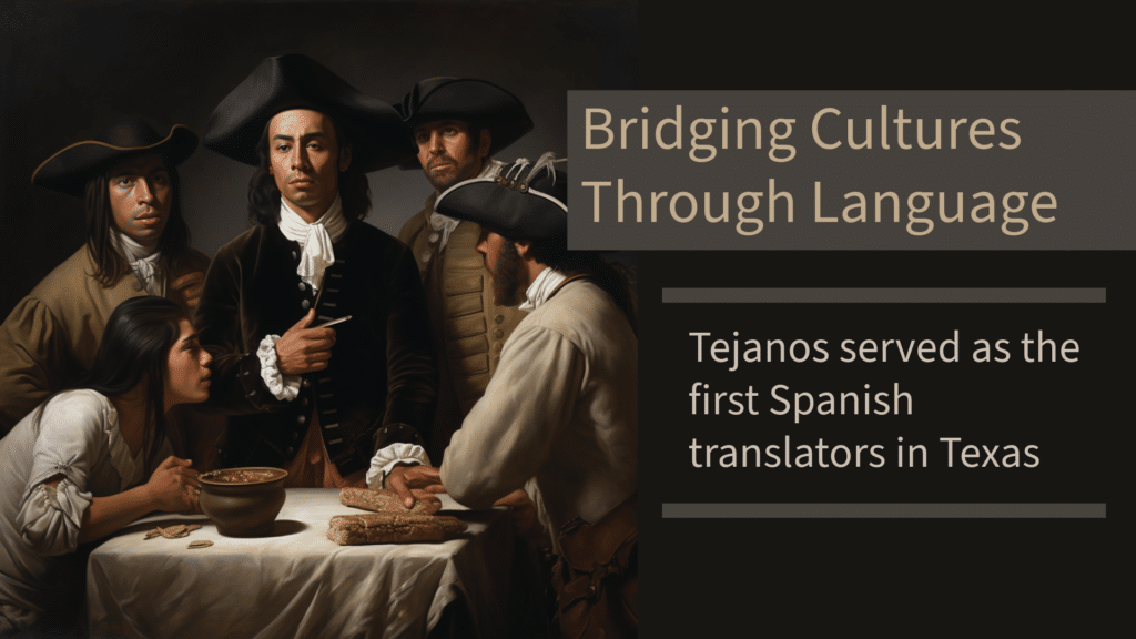 Painting of a Tejano translator speaking with American settlers and Mexican officials