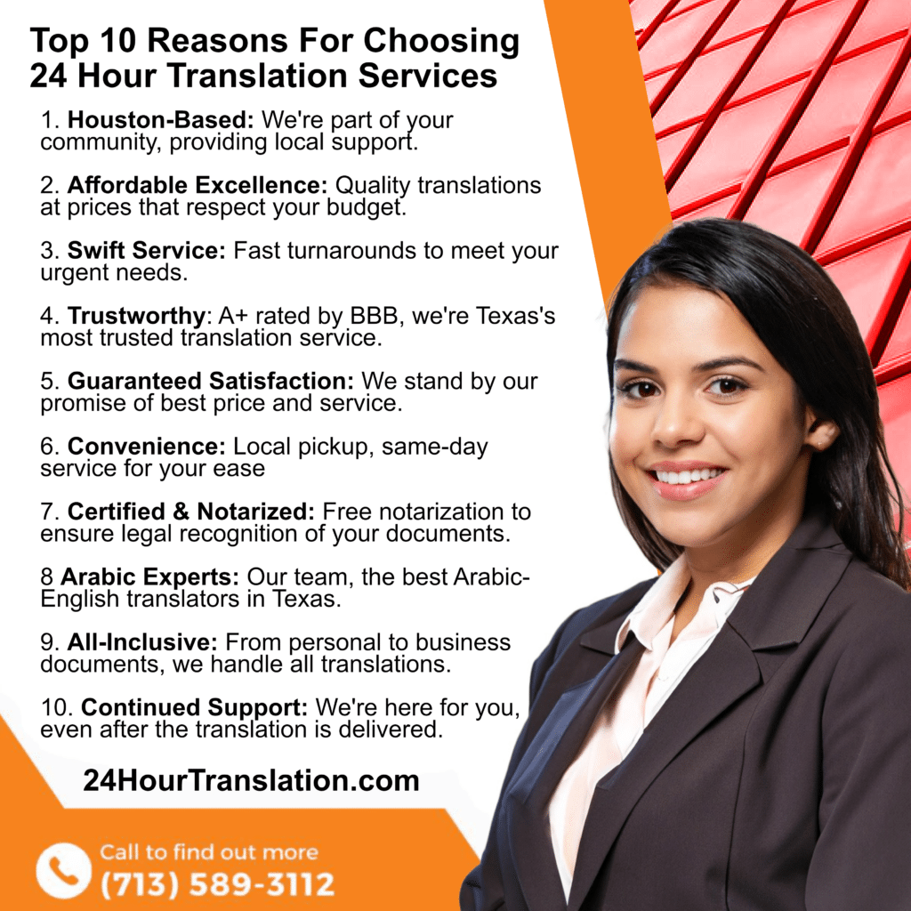 Infographic highlighting the top 10 reasons to choose 24 Hour Translation Services for Arabic translation in Houston
