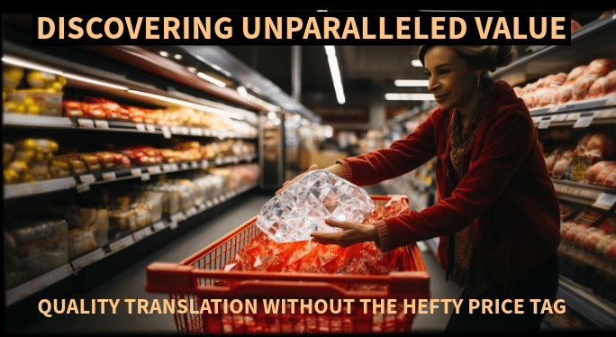 A woman in a supermarket aisle, placing a gleaming diamond into her shopping cart, symbolizing the value of quality translations.
