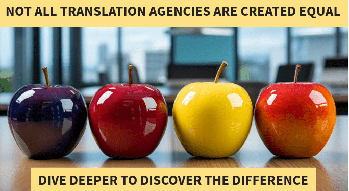 4 apples of assorted colors signifying that translation companies may look similar but are vastly different.