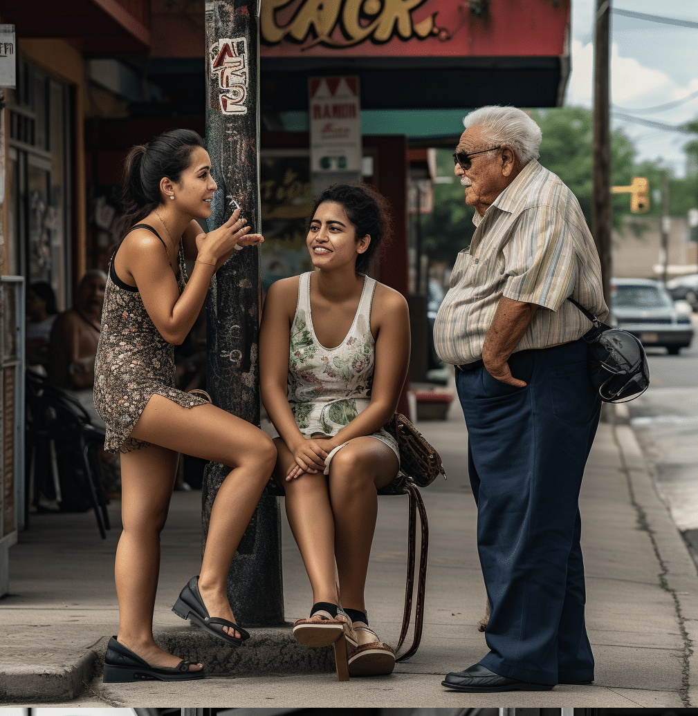 People conversing in Spanish on a Houston city street
