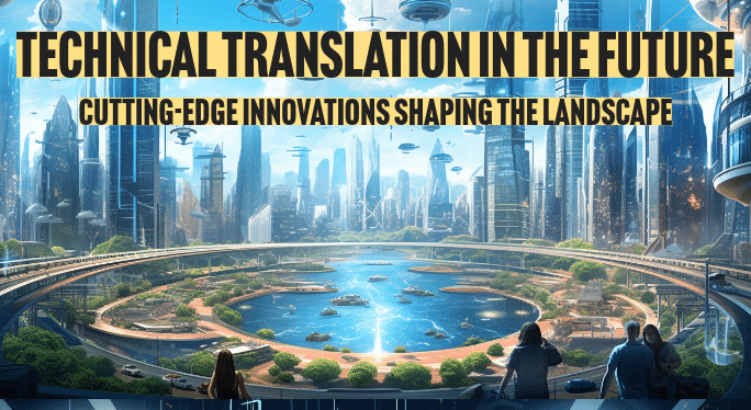 A futuristic world of technical translation with flying vehicles