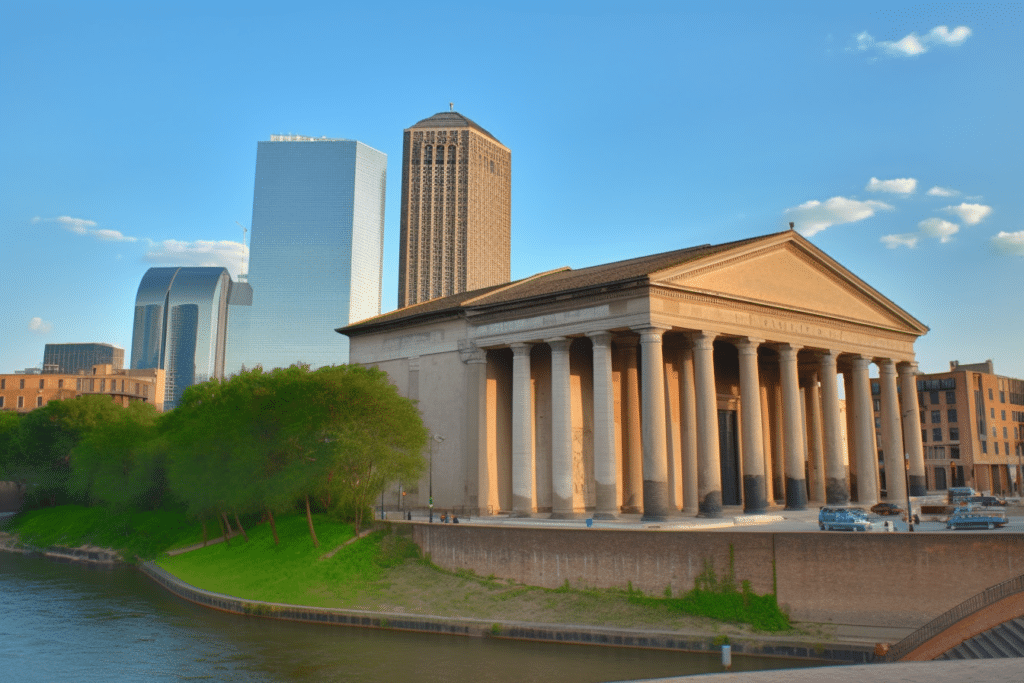 The Parthenon from Rome, Italy pictured on the banks of the Buffalo Bayou in Houston.