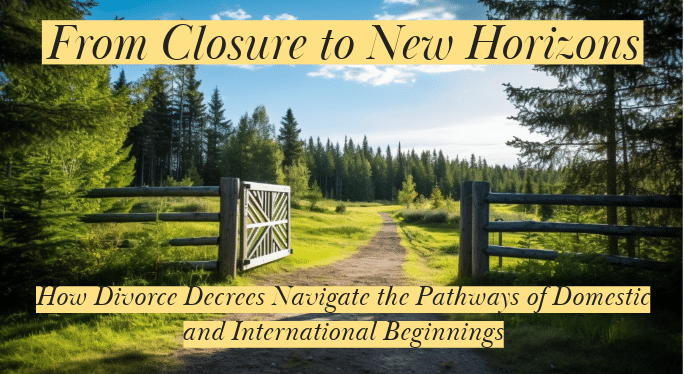 Artwork of closed and open doors symbolizing the transition from past relationships to new international opportunities through divorce decrees.