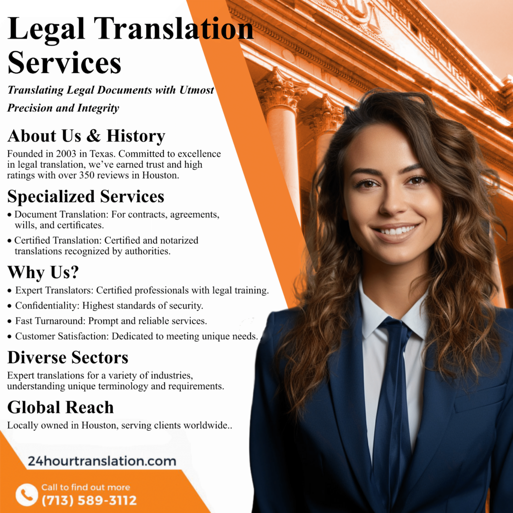 Infographic representing key aspects of 24 Hour Translation Services, illustrating the company’s history, expertise, services, values, and global reach in the field of legal translation. Features a photo of a legal translator outside the old courthouse in Houston.