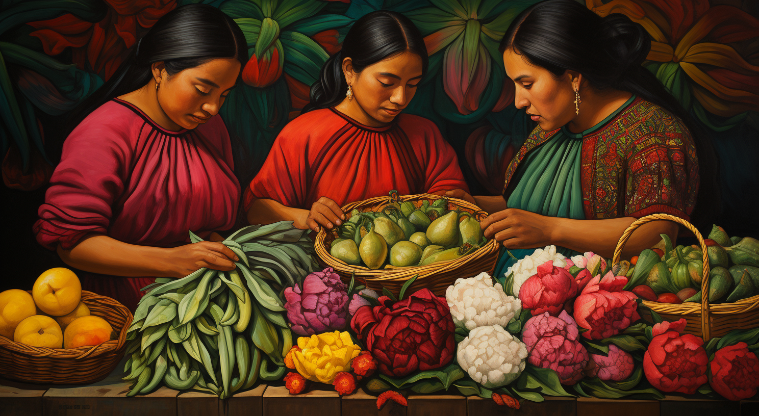portrait of 3 Mexican women preparing dinner.