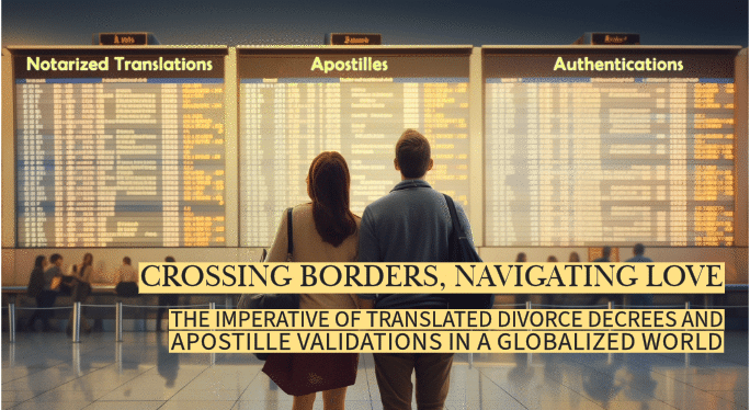 Couple at an international airport terminal with a departure board displaying 'Divorce Decree Translated', emphasizing the importance of translation and apostille validations for remarriage across borders