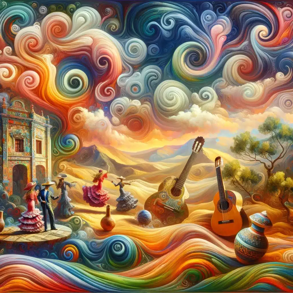 Surreal Mexican landscape with flamenco dancers and Spanish guitar symbolizing the nuances of language translation