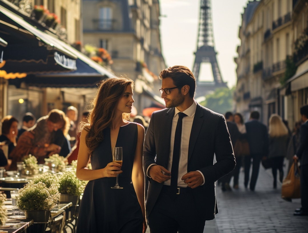 man and woman walking in a busy business district and speaking french