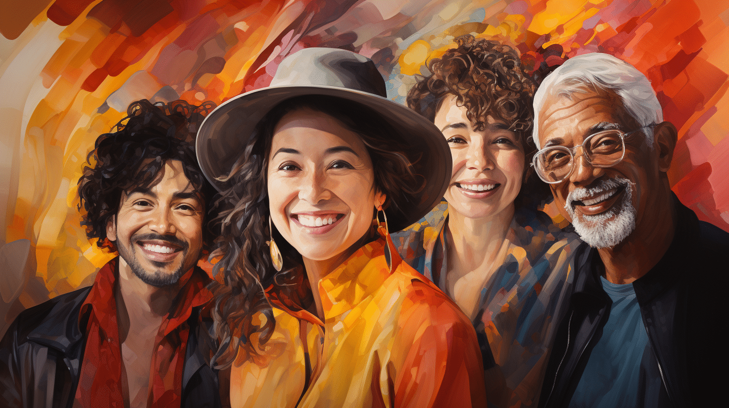 Portrait of a diverse group of smiling people with an abstract background.