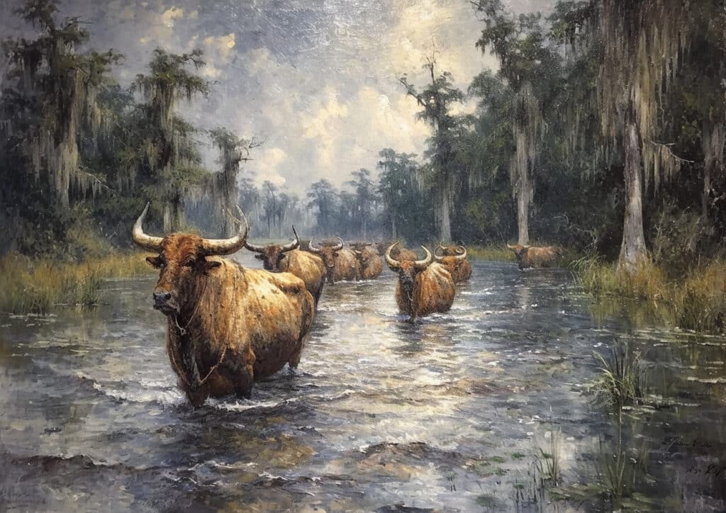 herd of buffalo being guided through the shallow waters of the Buffalo Bayou. The scene is set against a backdrop of the bayou’s natural environment, with lush greenery and a wide, serene waterway.