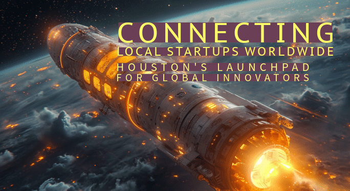 Depicts rocket ship with Houston startup logos launching from platform on planet earth towards constellations in space, symbolizing Houston propelling local innovators toward worldwide opportunies