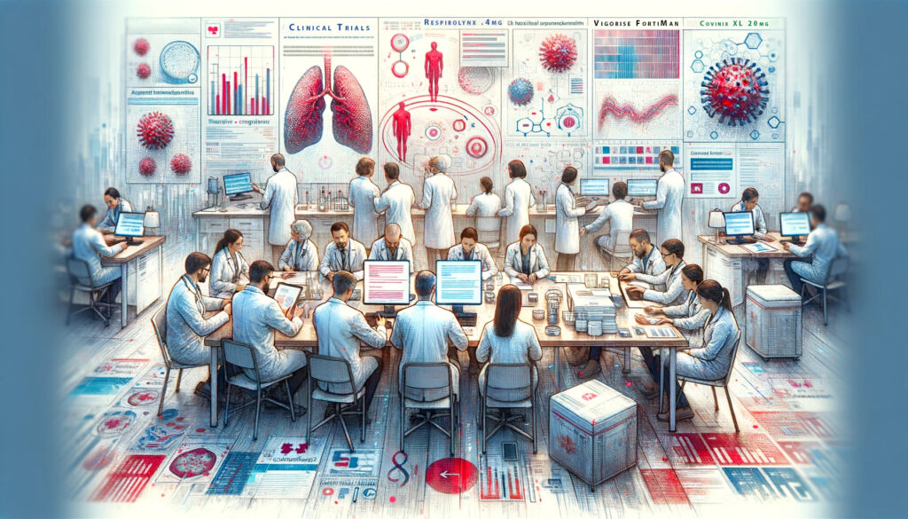 Illustration of medical professionals in a laboratory setting, collaborating on clinical trial research with the aid of medical translation, emphasizing the importance of language accuracy in healthcare research.