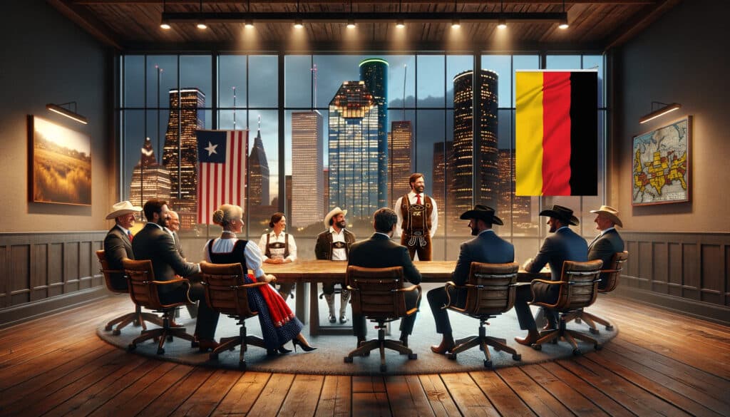 German and Texan executives in traditional attire meeting in a Houston boardroom with rustic wooden furniture, German and Texan flags, and the Houston skyline at dusk in the background