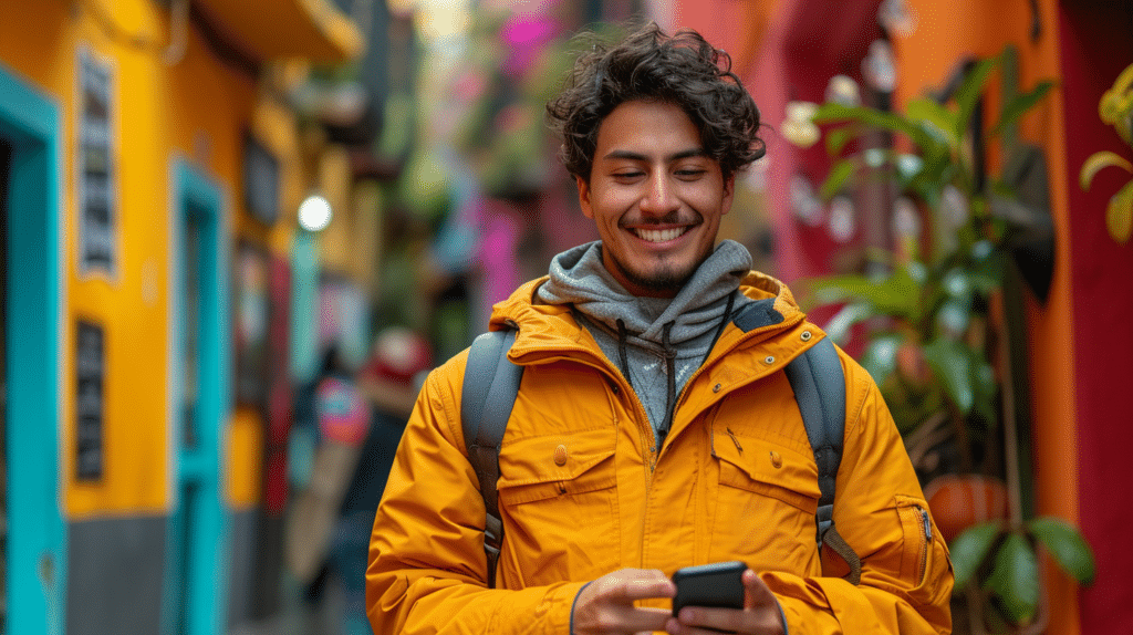 A Hispanic youth active on Instagram and Facebook social media while shopping for clothes in Houston or Dallas. The image highlights the influential Hispanic demographic online.