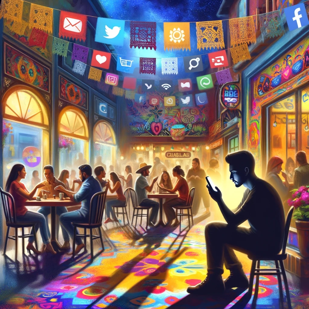 an image illustrating inside a Houston Mexican restaurant sowing the duality of social media in Hispanic culture, with a vibrant cafe scene and a person of Hispanic heritage in isolation, engrossed in their smartphone, amidst floating social media icons connecting other individuals.