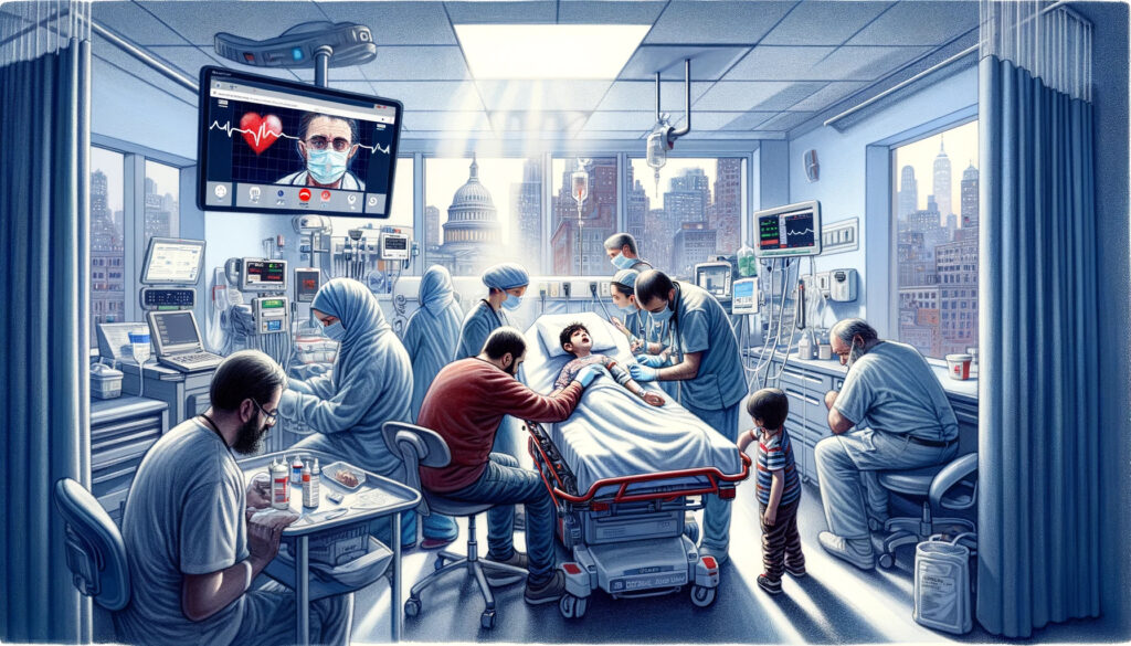 Realistic depiction of a pediatric emergency in a hospital with a Syrian refugee child, showing the critical role of medical translation in bridging communication gaps between non-English speaking patients and medical staff.