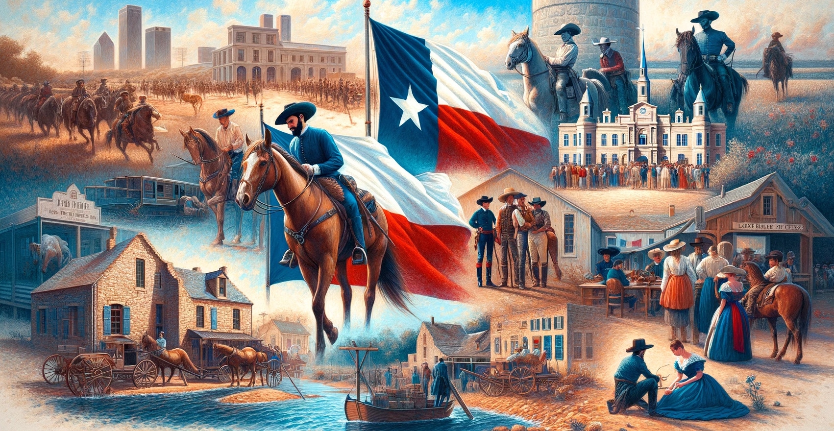This photo realistically illustrates the pivotal moments in the Franco-Texan history, focusing on the 17th-century French exploration led by Robert Cavelier de La Salle. His 1685 expedition culminates with the establishment of Fort Saint Louis, signifying the dawn of French influence in Texas.